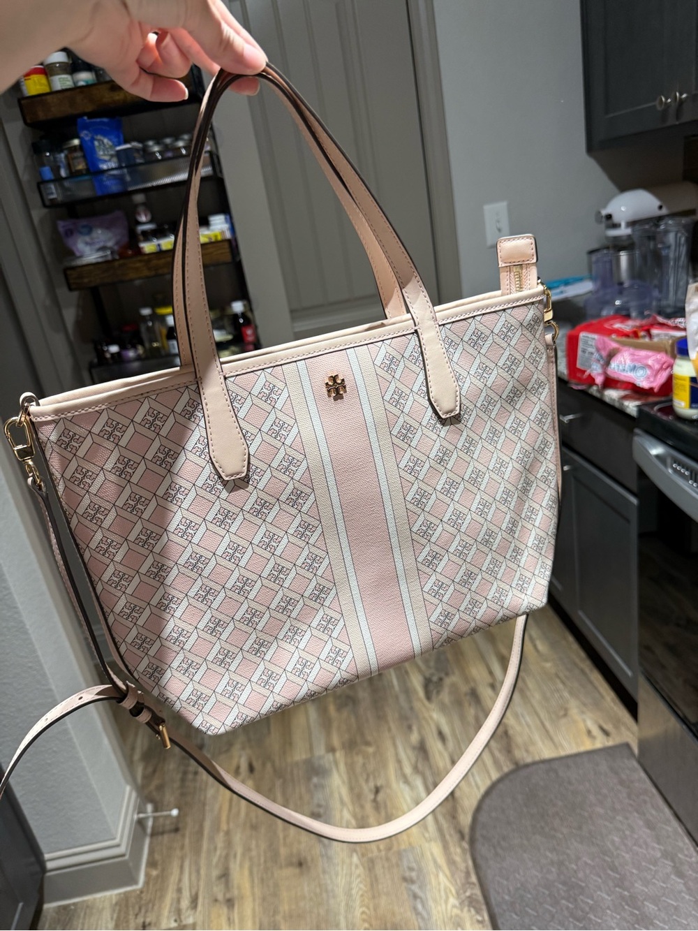 Tory Burch Pink Logo Print Tote with Crossbody Strap